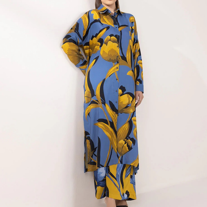 Mustard Printed Straight Shirt & Pants Co-Ord Set