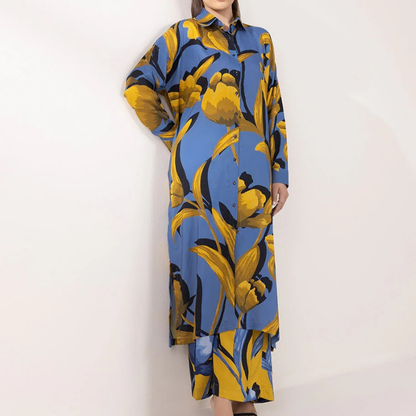 Mustard Printed Straight Shirt & Pants Co-Ord Set