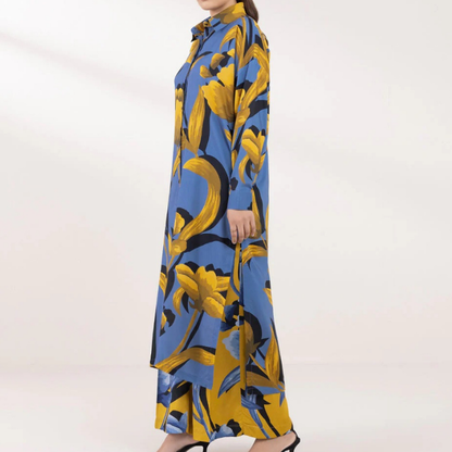 Mustard Printed Straight Shirt & Pants Co-Ord Set